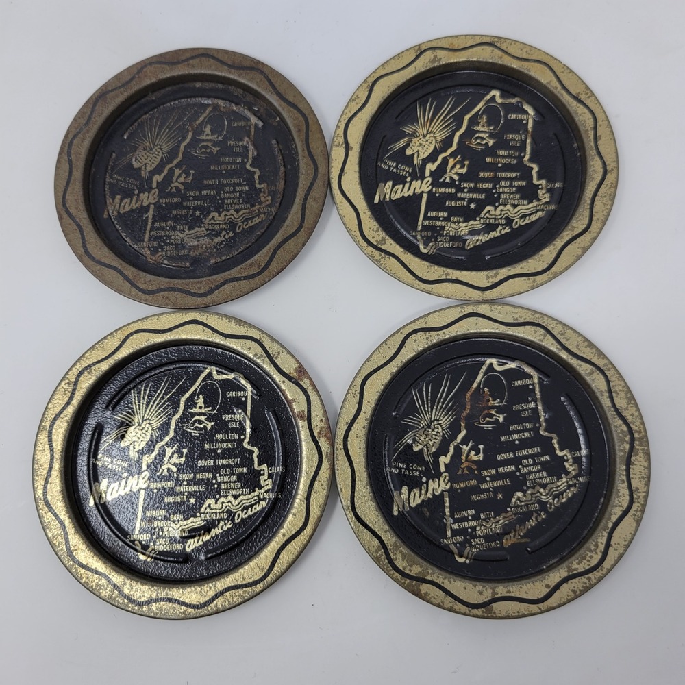 Vintage Maine State Map Metal Coasters Set of 4 Black Gold Souvenir Tin Ashtray